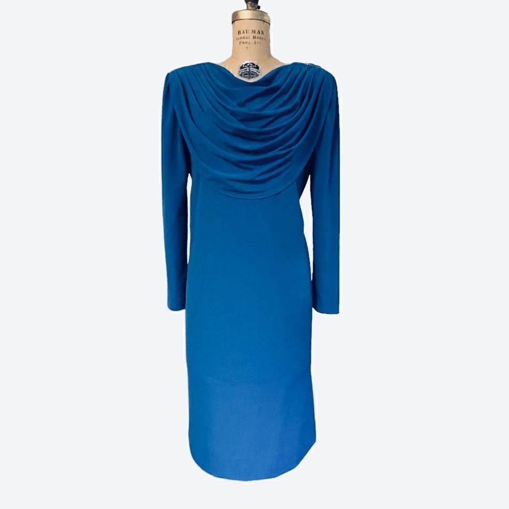 80s Ricki Lang for Nuit Draping neckline Teal Shift dress
